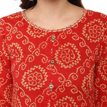 RED Women's Cotton Bandhej Print Anarkali Kurta 5