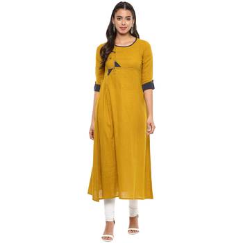 YELLOW Women's Cotton Slub Patch Work A-Line Kurta 1