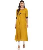 YELLOW Women's Cotton Slub Patch Work A-Line Kurta
