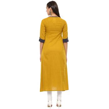 YELLOW Women's Cotton Slub Patch Work A-Line Kurta 3