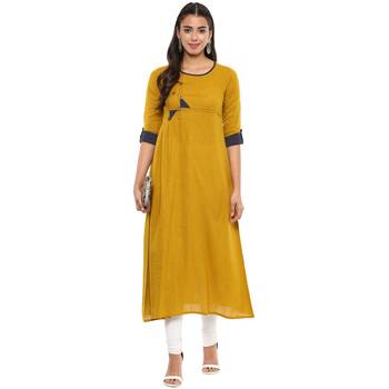 YELLOW Women's Cotton Slub Patch Work A-Line Kurta 4