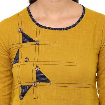 YELLOW Women's Cotton Slub Patch Work A-Line Kurta 5