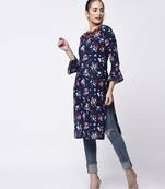 Blue Women's Cotton Floral Print Straight Kurta