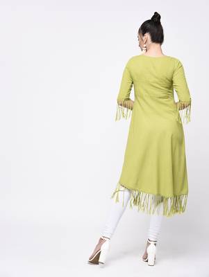 Green Women's Cotton Slub Printed A-Line Kurta 3