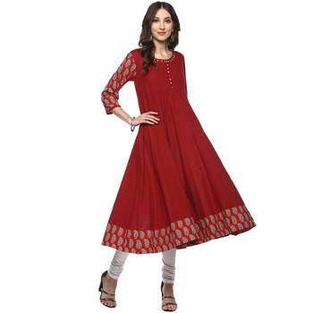 Mehroon Women's Cotton Printed Anarkali Kurta 1