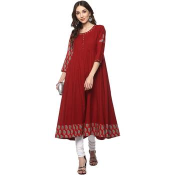 Mehroon Women's Cotton Printed Anarkali Kurta 2