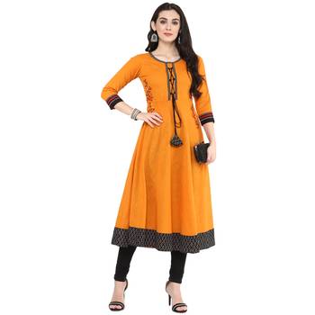 Mustard Women's Cotton Embroidered Anarkali Kurta 1