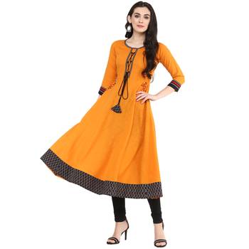 Mustard Women's Cotton Embroidered Anarkali Kurta 2