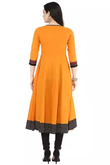 Mustard Women's Cotton Embroidered Anarkali Kurta