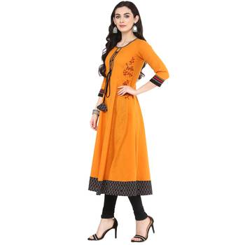 Mustard Women's Cotton Embroidered Anarkali Kurta 4