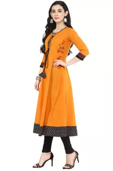 Mustard Women's Cotton Embroidered Anarkali Kurta