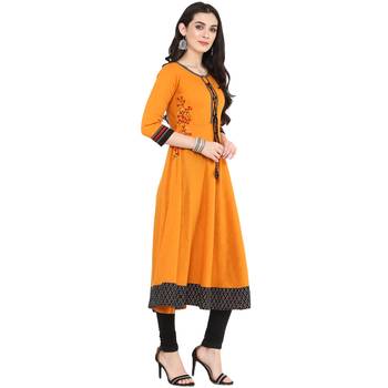Mustard Women's Cotton Embroidered Anarkali Kurta 5