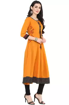 Mustard Women's Cotton Embroidered Anarkali Kurta