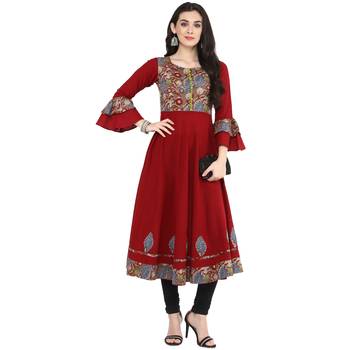 Maroon Women's Cotton Patch Work Anarkali Kurta 1