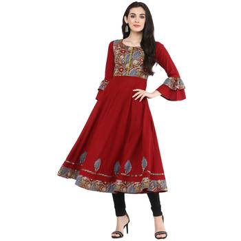 Maroon Women's Cotton Patch Work Anarkali Kurta 2