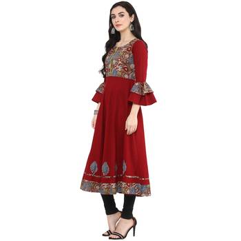 Maroon Women's Cotton Patch Work Anarkali Kurta 4