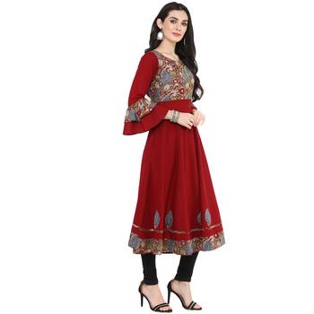 Maroon Women's Cotton Patch Work Anarkali Kurta 5