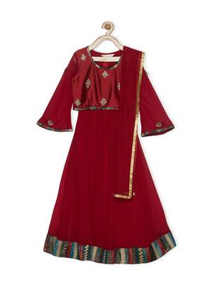 Maroon Embroidered Faux Georgette Stitched Lehenga 1