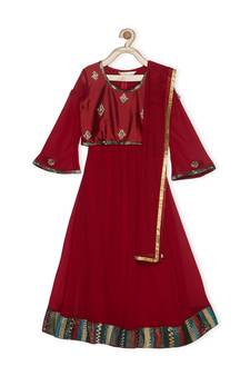 Maroon Embroidered Faux Georgette Stitched Lehenga