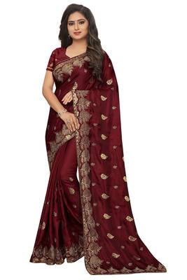 Maroon embroidered fancy fabric saree with blouse 1