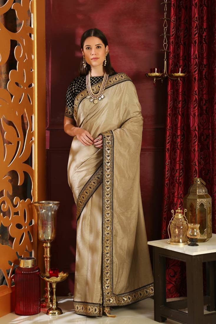 Women's Silk Cotton Beige Embroidered Designer Saree With Blouse Piece