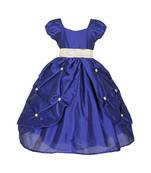Blue Plain Raw Silk Kids Girl Gowns