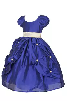 Blue Plain Raw Silk Kids Girl Gowns