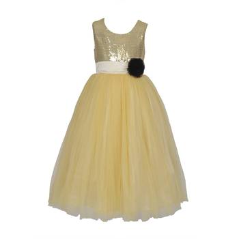 Gold Embroidered Net Kids Girl Gowns 1