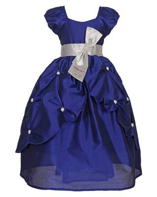 Blue Plain Raw Silk Kids Girl Gowns 1