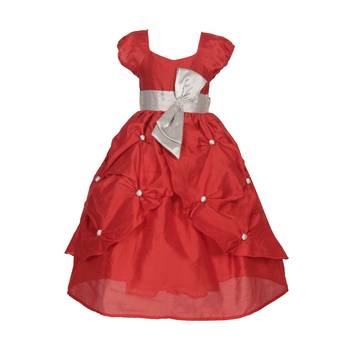 Red Plain Raw Silk Kids Girl Gowns 1