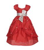 Red Plain Raw Silk Kids Girl Gowns