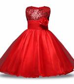Red Plain Net Kids Frocks