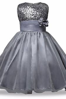 Grey Plain Net Kids Frocks