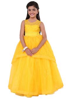 Yellow Plain Net Kids Frocks