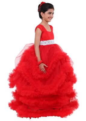 Red Plain Net Kids Frocks 2