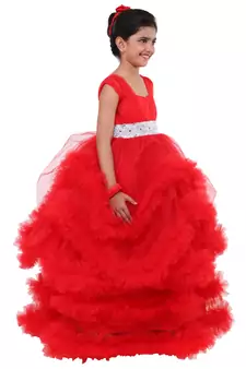 Red Plain Net Kids Frocks