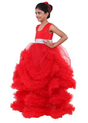 Red Plain Net Kids Frocks 3