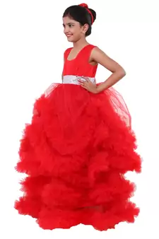 Red Plain Net Kids Frocks