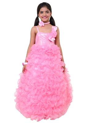 Pink Plain Tissue Kids Frocks 1