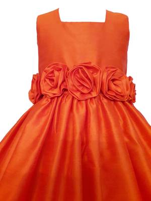 Orange Plain Raw Silk Kids Frocks 3