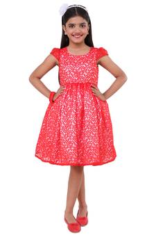 Red Plain Net Kids Frocks