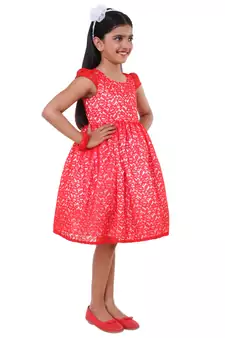Red Plain Net Kids Frocks
