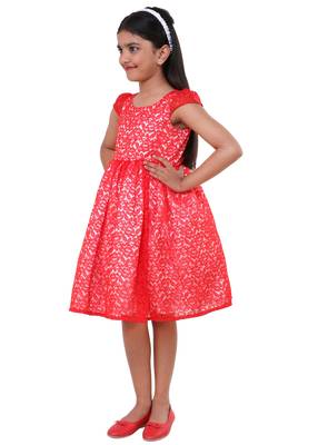 Red Plain Net Kids Frocks 3