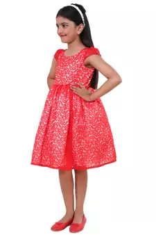 Red Plain Net Kids Frocks