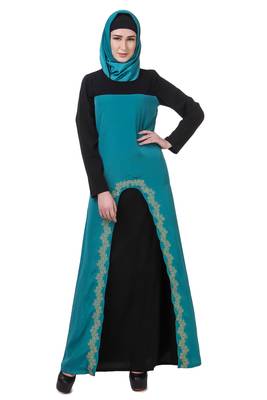 MyBatua Black Crepe Black & Bottle Green Gold Embroidered Abaya 1