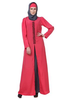 MyBatua Pink Crepe Sweet Pink & Grey Split Front Abaya 1