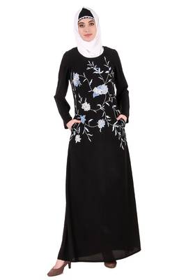 MyBatua Pink Nida Black Leaf And Flower Embellished Black Nida Abaya 1