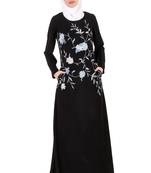 MyBatua Pink Nida Black Leaf And Flower Embellished Black Nida Abaya