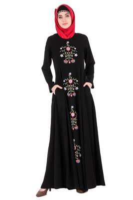 MyBatua Black Nida Black Floral Embroidered Nida Abaya 1