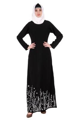 MyBatua Black Nida Descending Leaf Pattern Embroidered Abaya 1